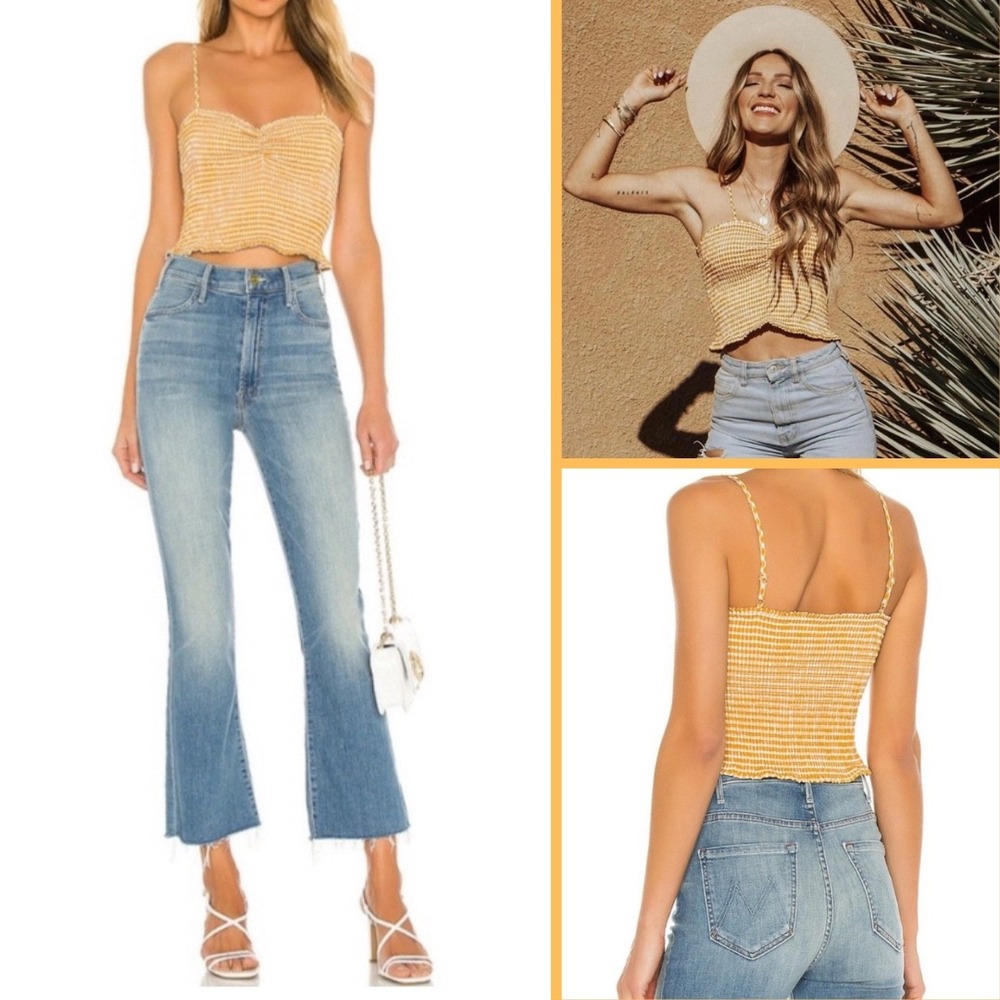 BB DAKOTA Hello Sunshine Smocked Cami Tank Top Size L Yellow Gingham Cottagecore